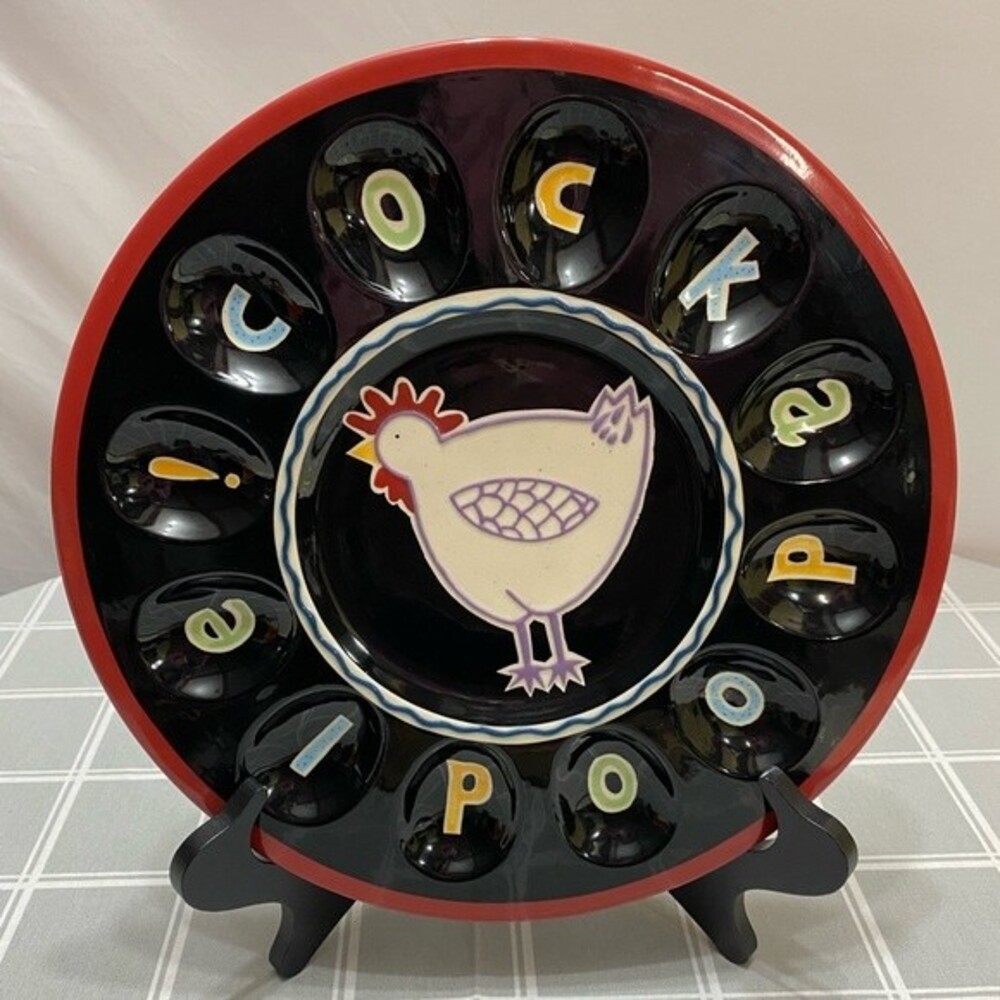 Ceramic Deviled Egg Platter COCKADOODLE Becky Denny Signed Chicken Center 12”
